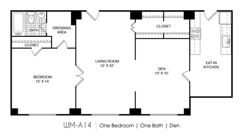 Floor plan for 1 bed, 1 bath, 1020 sqft